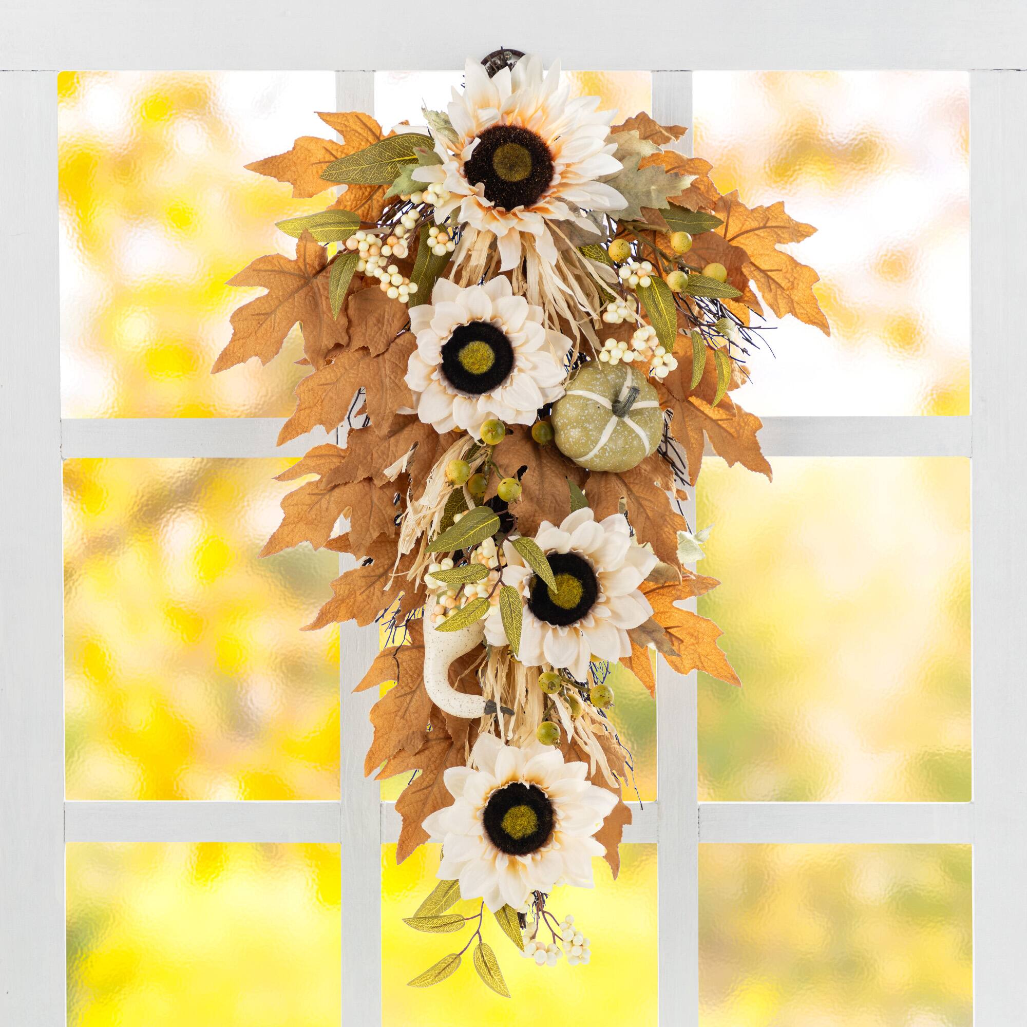 Glitzhome® 28" Fall Neutral Sunflower, Pumpkin and Leaf Swag